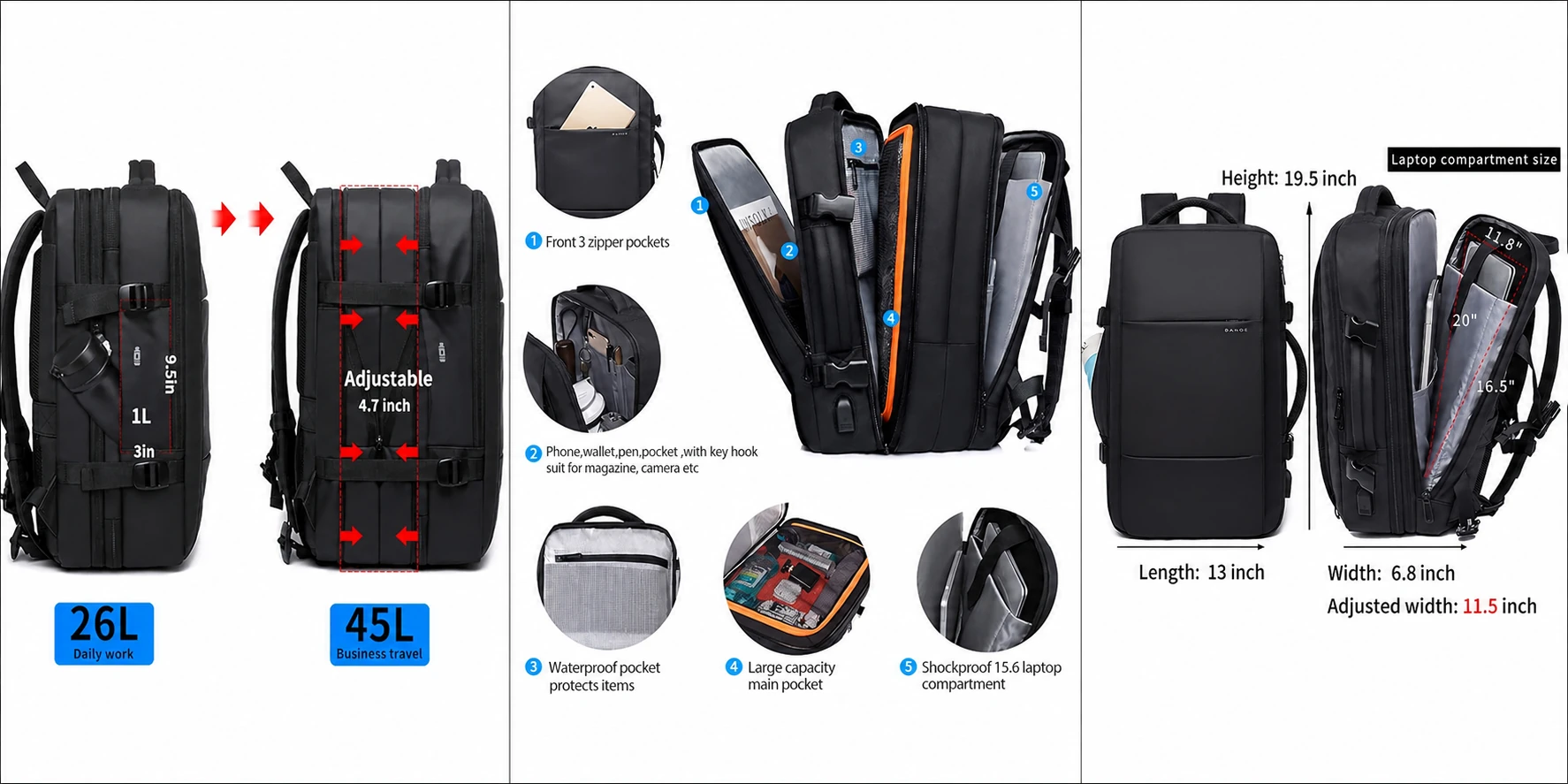 BANGE carry-on-style travel backpack with organized compartments